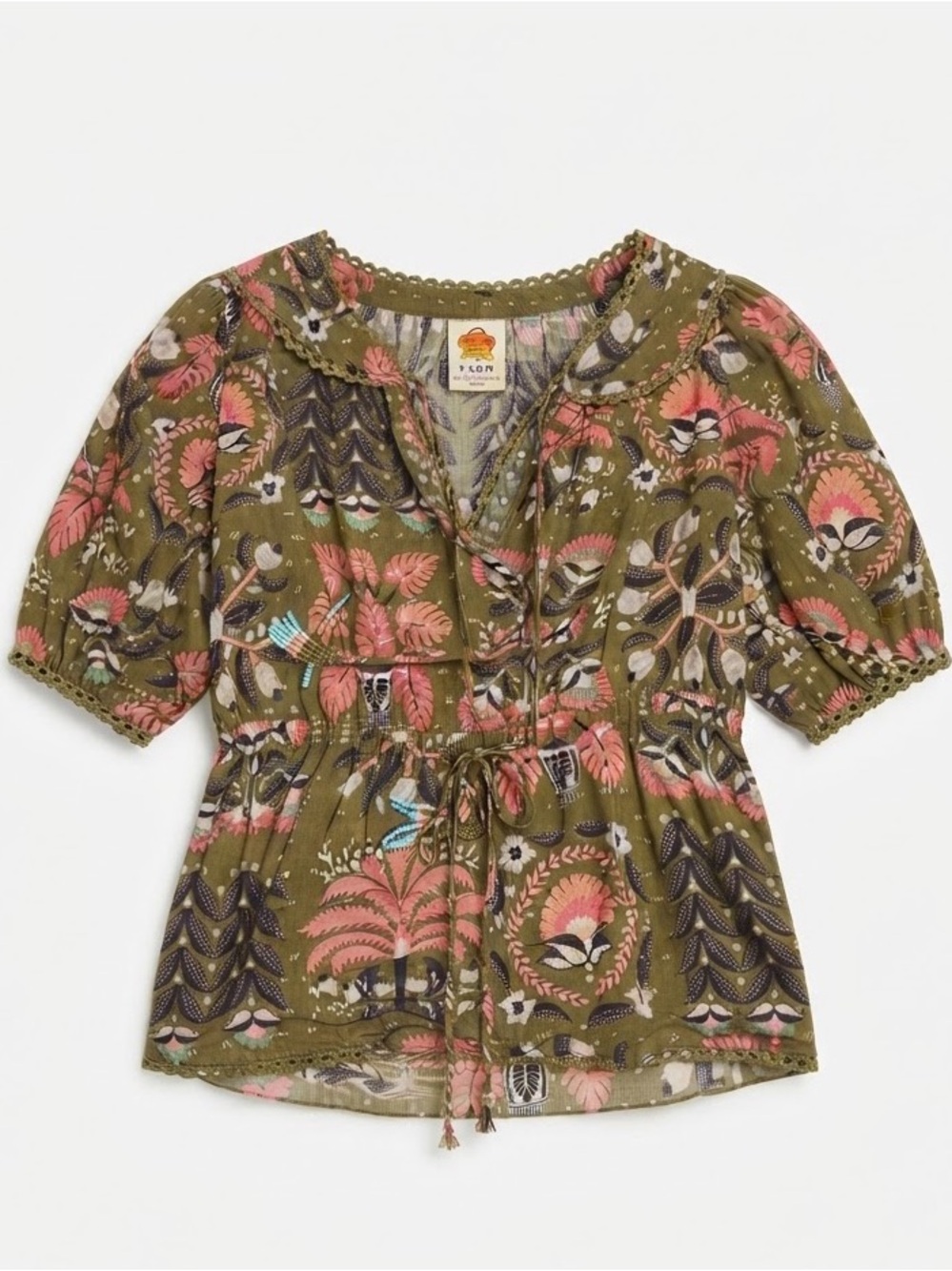 FARM Rio Olive Floral Drawstring Peasant Blouse with Pink Accents